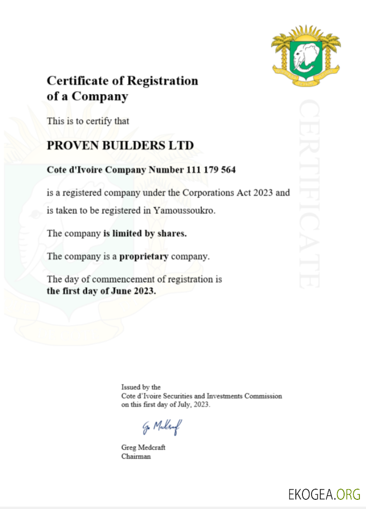 Modèle Word et PDF de certificat d'enregistrement de Côte d'Ivoire